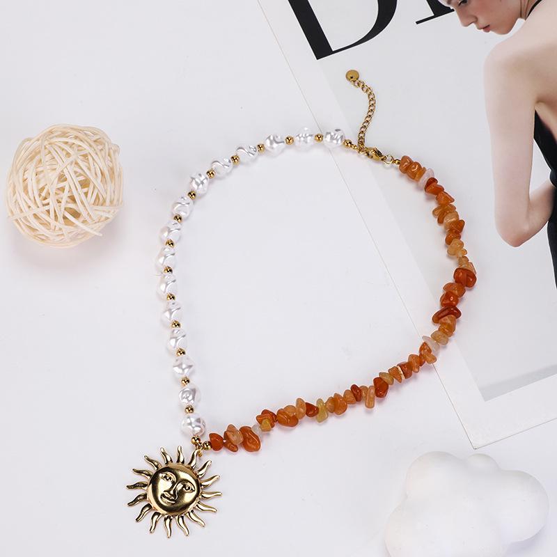 Bohemian Pearl Chip Beaded Sunflower Choker Necklace in Two-Tone Stainless Steel