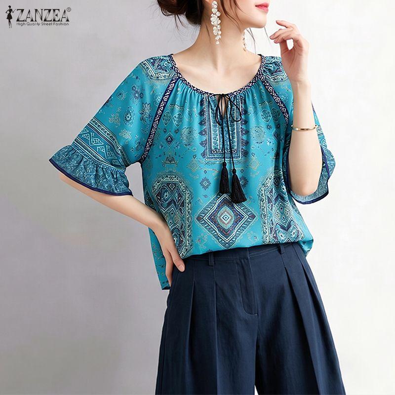 ZANZEA Camicetta Casual da Donna con Stampa Etnica, Girocollo, Manica a Metà, Vestibilità Larga