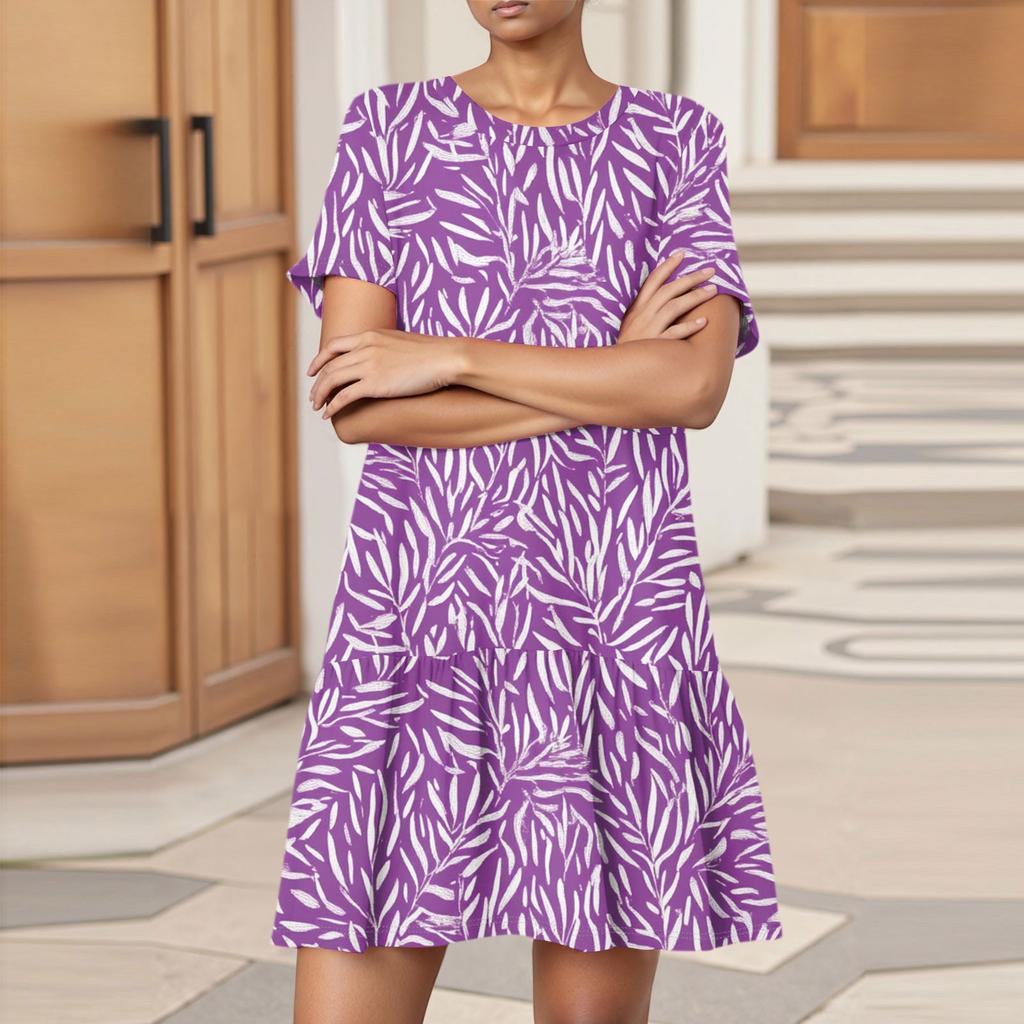 Women's Fashion Casual Round Neck Short Sleeve  Leaf Floral Print Dress