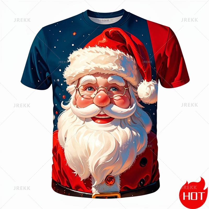 Fashionable 3D Printed Merry Christmas T-shirt with Christmas Patterns, Summer Men's Short Sleeved Clothing Creative Hip-hop Cool Round Neck Tops
