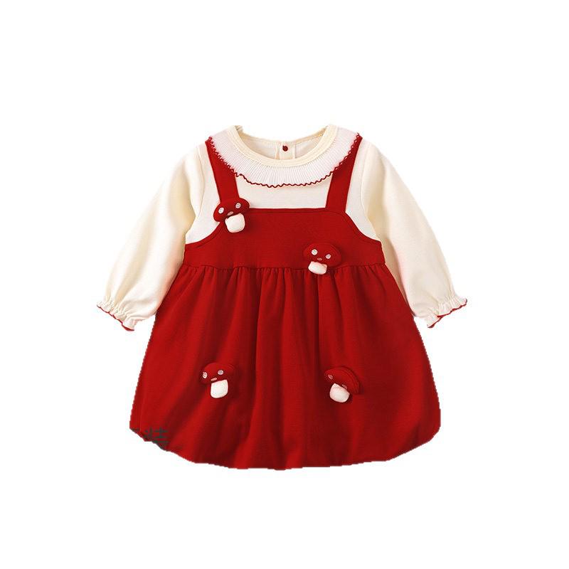 Youqi Red Baby Girl Autumn Princess Dress – Stylish 100-Day First Birthday Gown