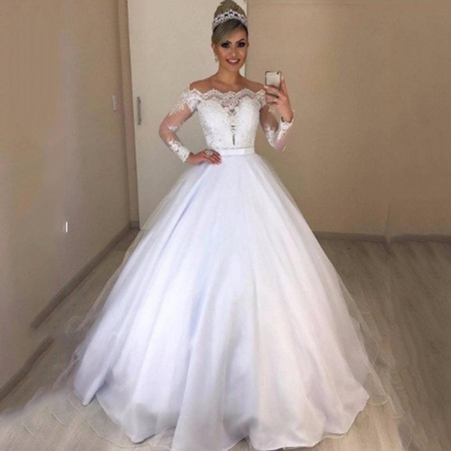 New  One-Shoulder V-Neck Slim Fit Wedding Dress with Puff Train and Lace Trim