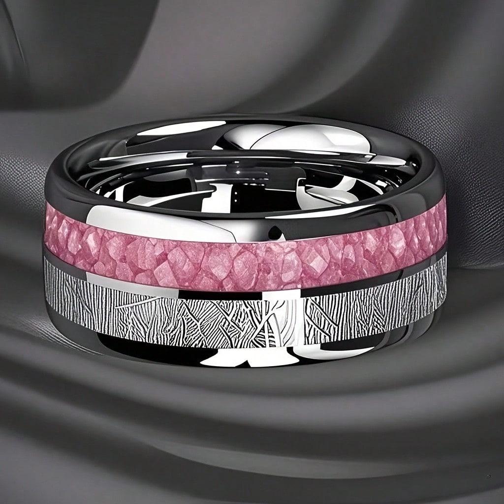 Fashion 8mm Silver Color Men Stainless Steel Rings, Pink Rose Abalone Shell Meteorite Inlay Rings for Men Women, Wedding Jewelry