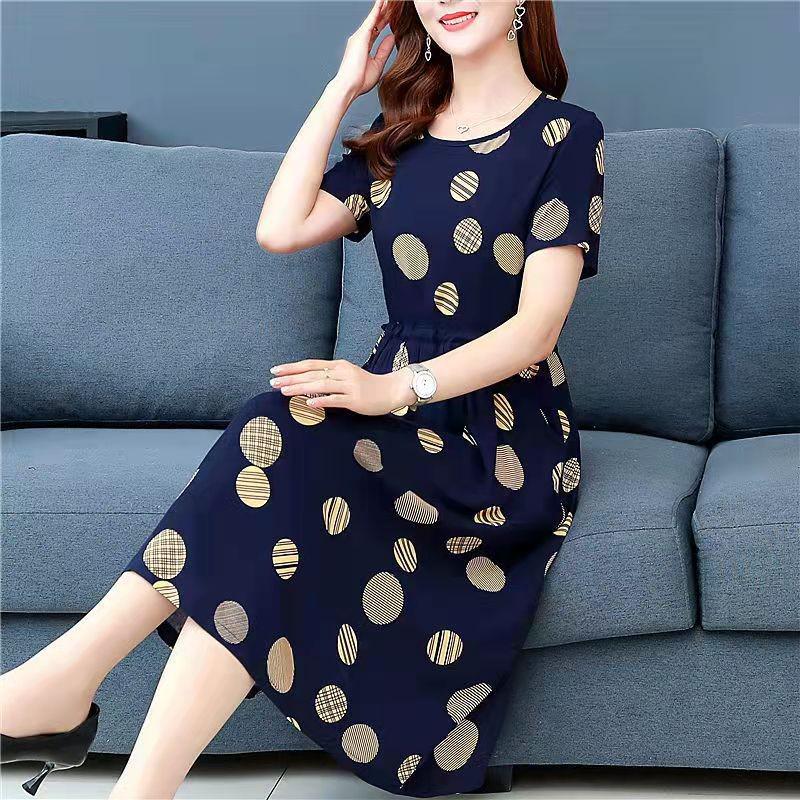 Plus Size Summer Dress for Middle-Aged & Elderly Women - Short Sleeve, Mid-Length - Southeast Asian Style
