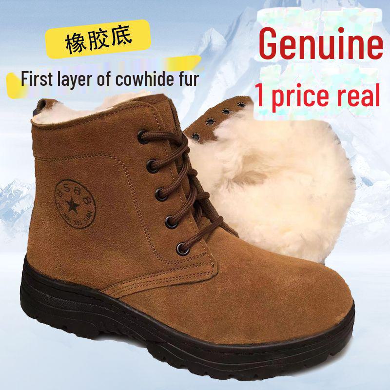 Men's Thick Fur-Lined Cowhide Winter Snow Boots with Steel Toe
