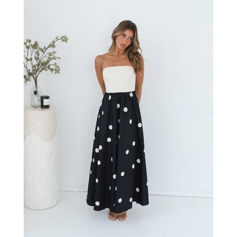 Damen Farbblock-Tube-Top-Midikleid, Trägerloses Gepunktetes Patchwork Ausgestelltes A-Linien-Langes Kleid, Elegantes Lässiges Urlaubs-Schwing-Sonnenkleid mit Seitentaschen