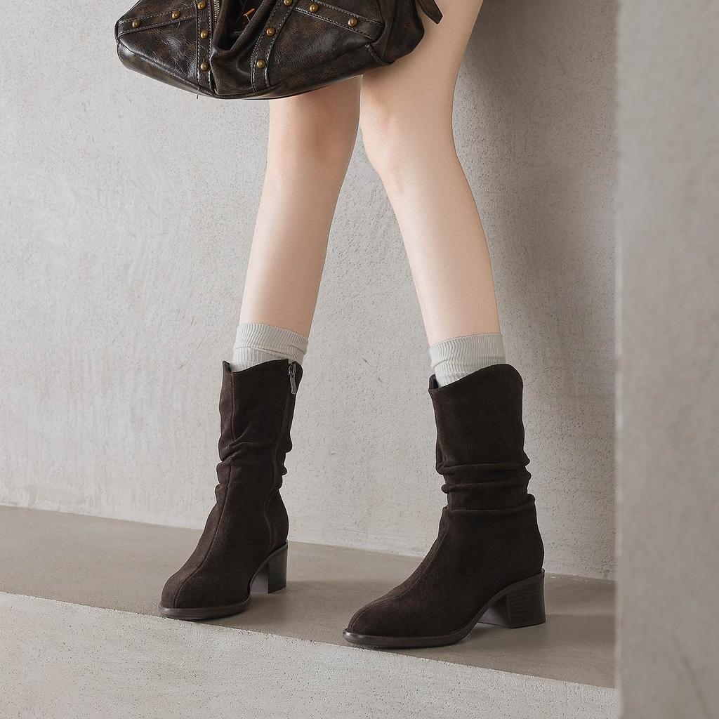 Krazing Pot Cow Suede Nubuck Round Toe Thick Heels Western Boots Size 42 Slip on Women Pleated Decoration Mid-calf Boots