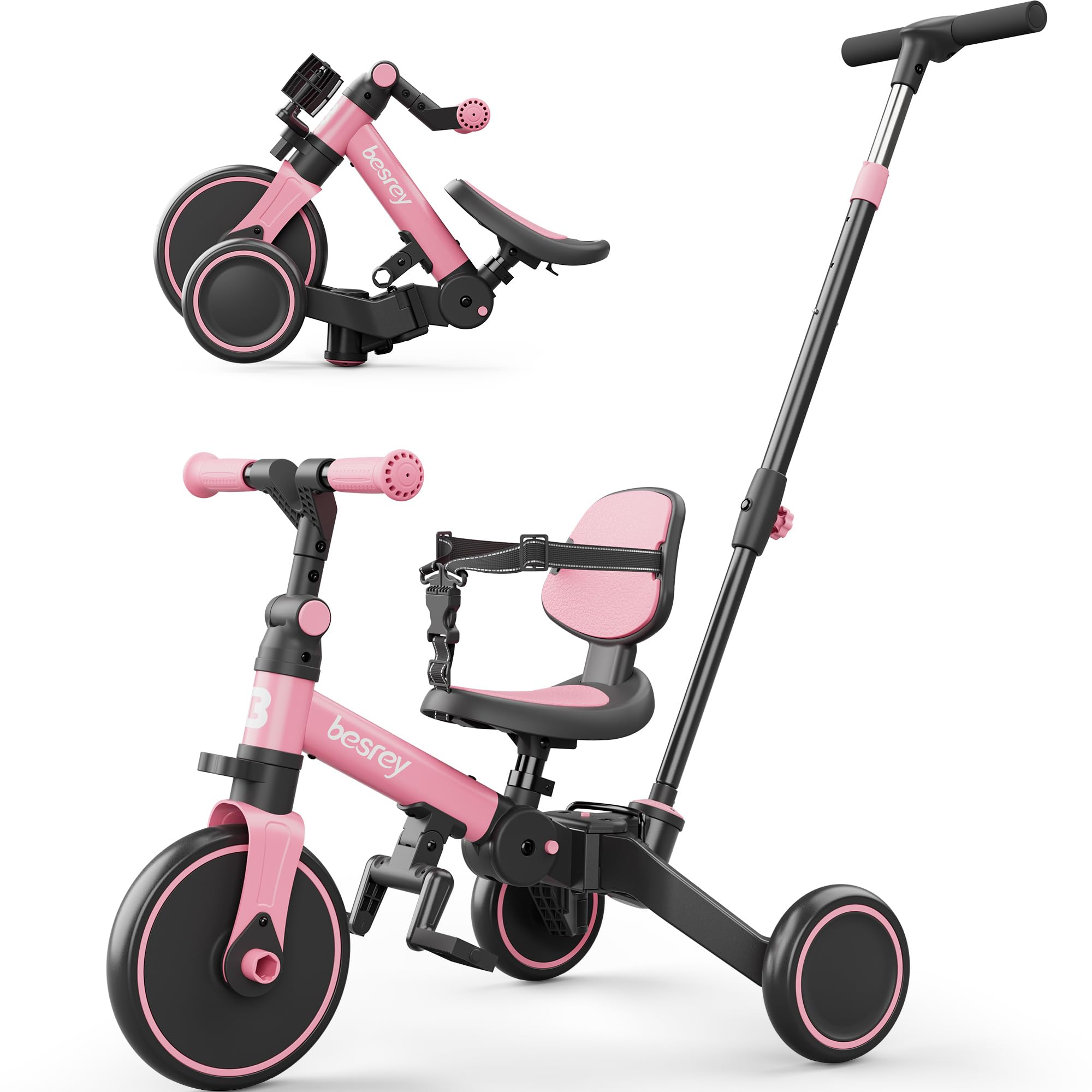 

Besrey с рулем и толкателем для возраста и бегающих детей, розовый детский трехколесный велосипед, складной, ручка, 5-в-1, 1, 2, 3, велосипед, каталка, велосипед, подарок, розовый