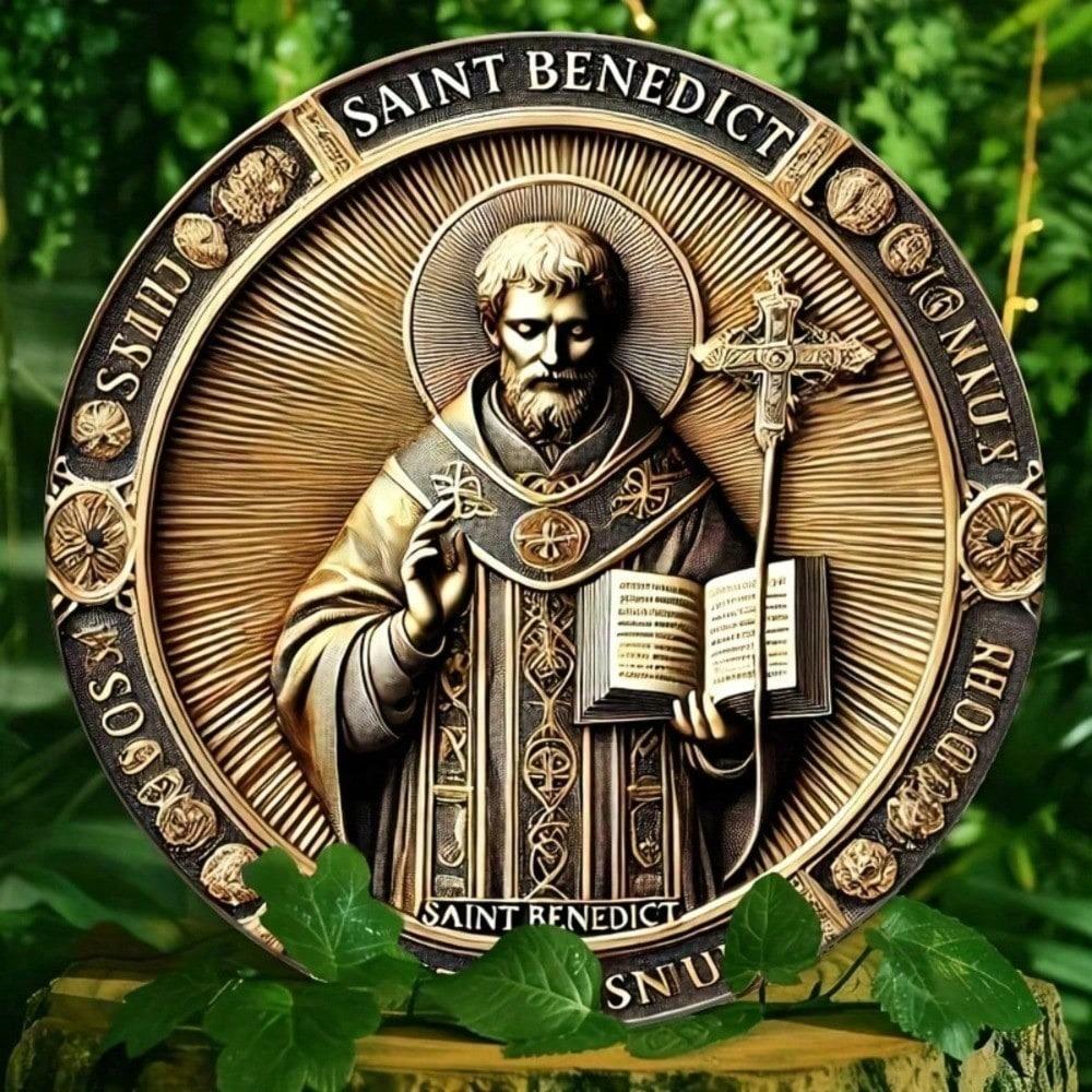 St. Benedictusmedaille 2D Metalen Wandkunst Gouden Plaquette 20x20 cm Religieuze Woondecoratie