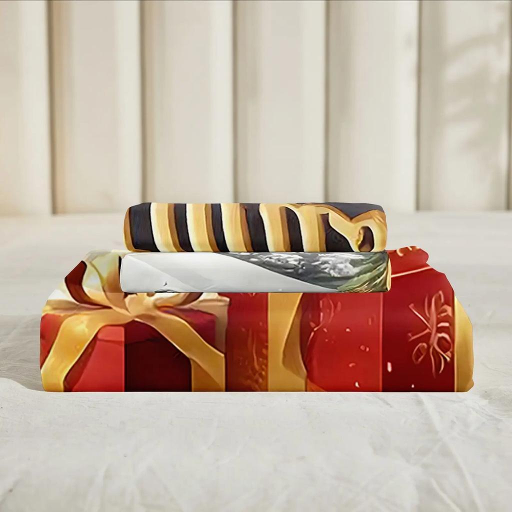 3pcs 85G July Polyester and Nylon Gorgeous Christmas Moon Color, Tree and Santa Digital Fitted Sheet Set, Soft, Comfortable, Bed