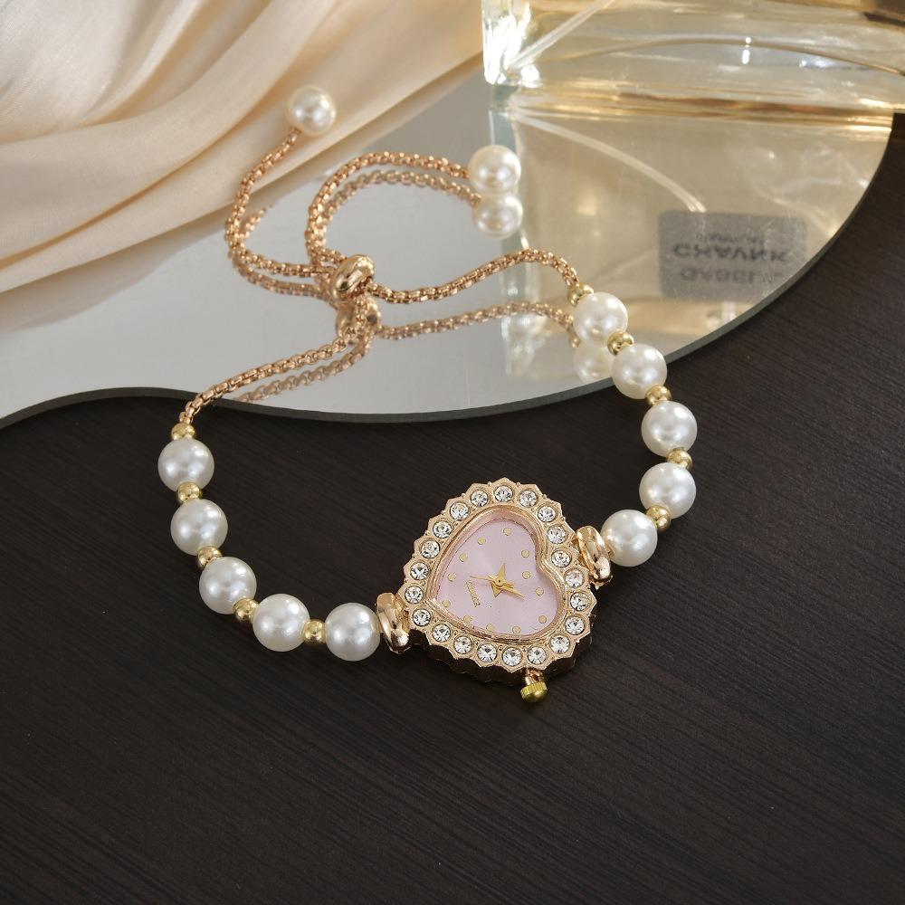 Fashion Heart-shaped Bracelet Watch Diamond-Studded Case Adjustable Chain Women Wristwatch Pearl Gift Ladies Watch Girls розовый