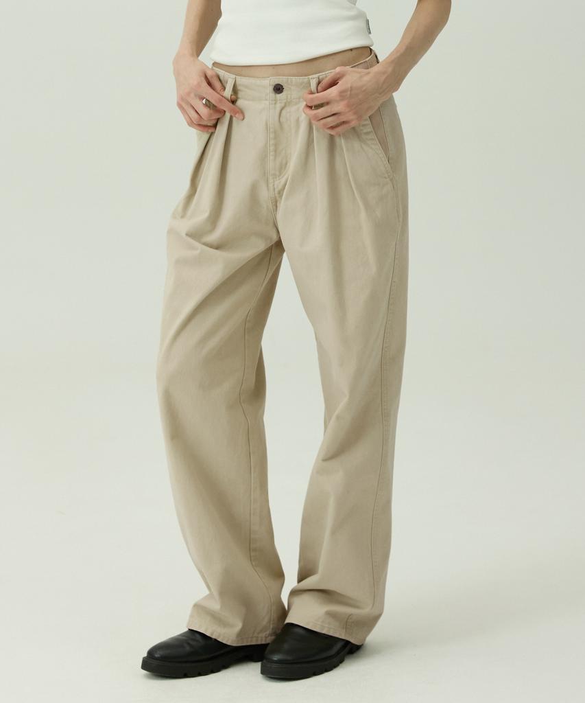MAGOODGAN Patro 4811 Washed Double-Pleat Wide Fit Beige Chino Pants