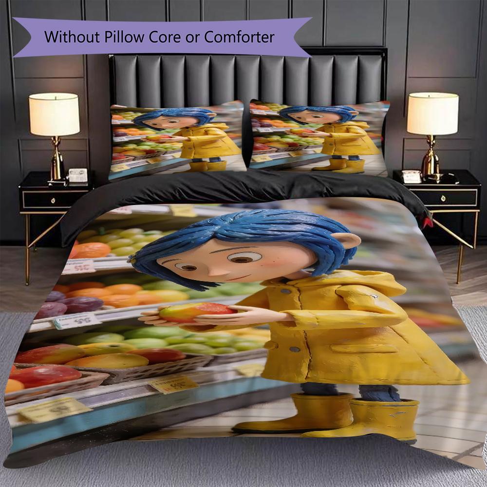 1PC Coraline Pattern Bedding Quilt Set Quilt Cover Pillowcase Home Decoration Birthday Gift (1 * Duvet Cover + 2 * Pillowcase, Without Core)