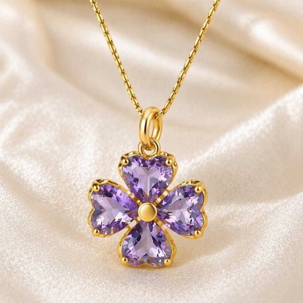 18K Gold-Plated Stainless Steel Pink & Purple Zircon Four-Leaf Clover Necklace Set