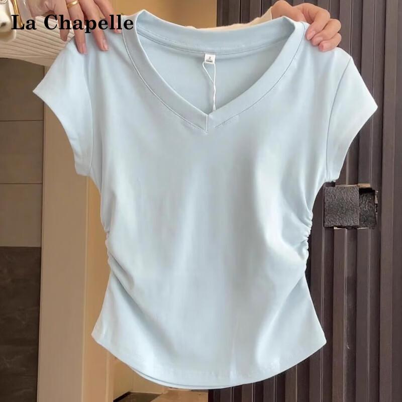 La Chapelle 2025 Damen V-Ausschnitt Falten Slim-Fit Kurzarm T-Shirt