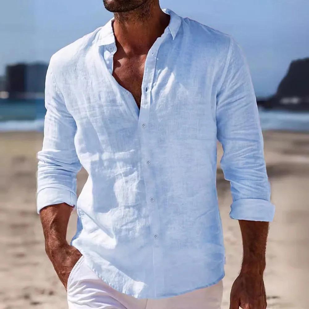 Men's White Linen Blend Button-Down Shirt - Long Sleeve Casual Loose Fit Breathable Beach Vacation Everyday Top