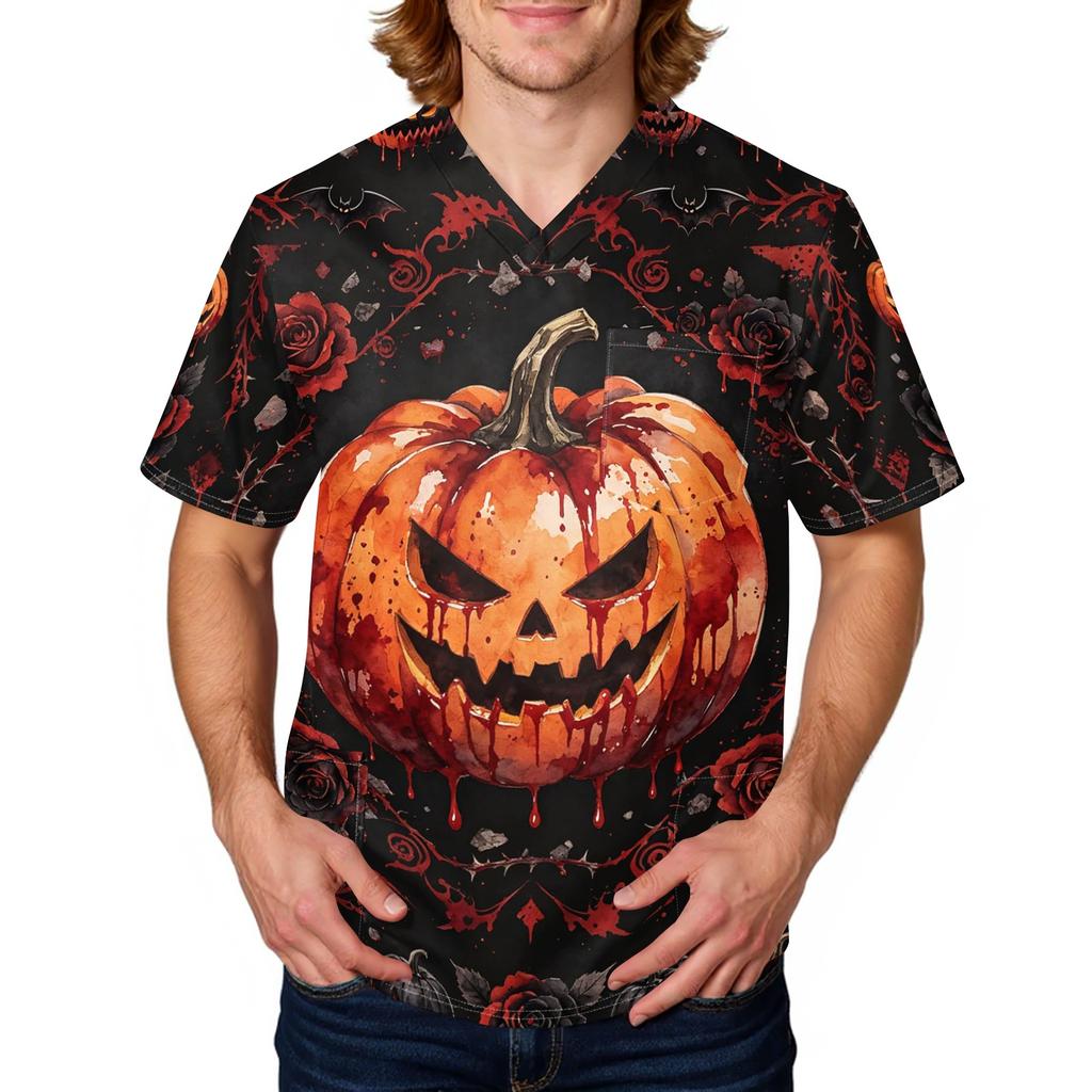 Men's Halloween Print Scrub Top Short Sleeve for Work Uniform