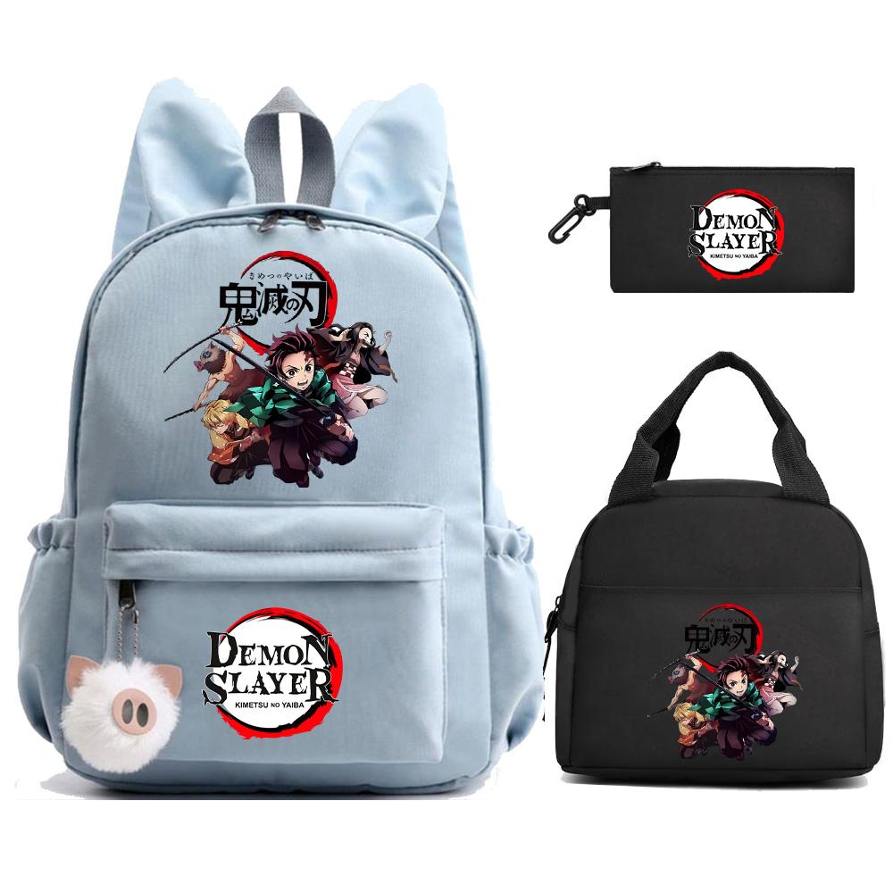 3 st/set Anime Demon Slayer Tryckt Ryggsäck Matlåda Pennfodral för Barn Elev Skolväska Dam Stor Kapacitet Vattentät Resväska Gåva