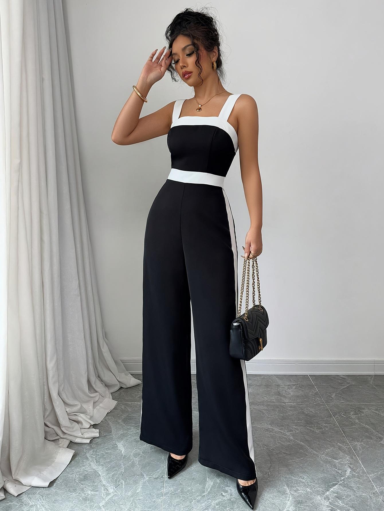2025 early autumn new TEMIU hot-selling, elegant commuter style contrasting color square neck suspender high waist jumpsuit PJ0134 S чёрный
