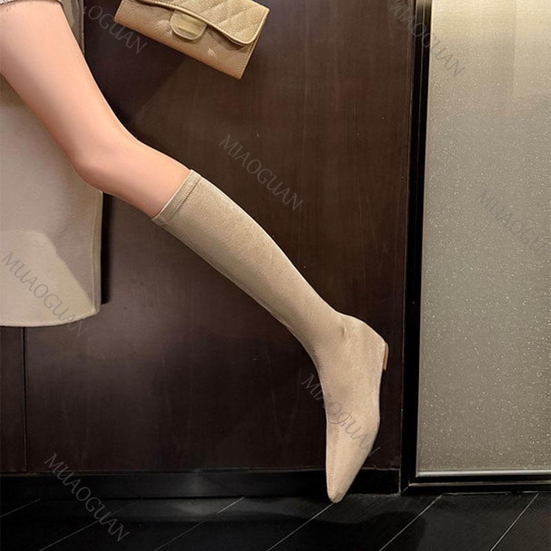 Mode Spetsig Tå Inre Höjd Elastiska Knähöga Stövlar Kvinnor Höstskor Mode Enfärgad Mocka Slip on Platt Sula Lång Socka Botas