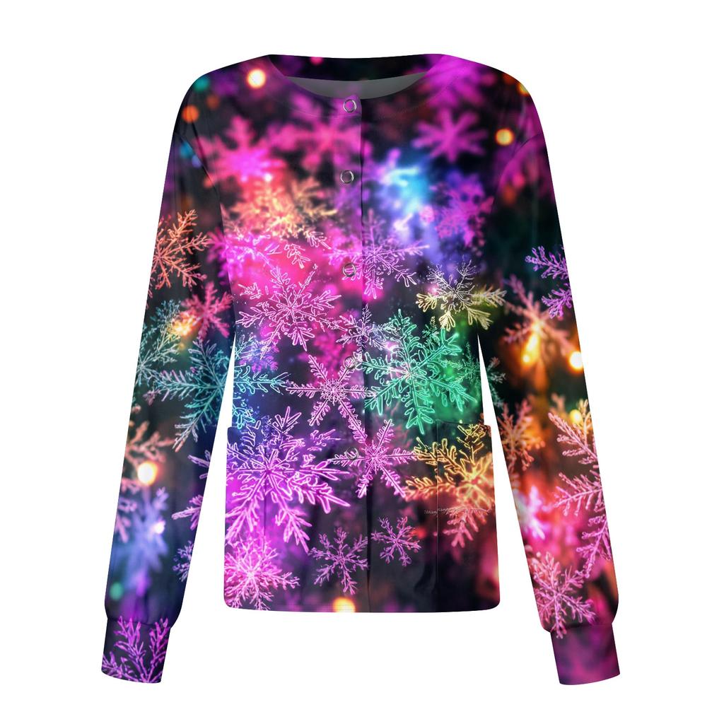 Women's Christmas-printed Casual Long-sleeved Single-breasted Work Uniform Cardigan
