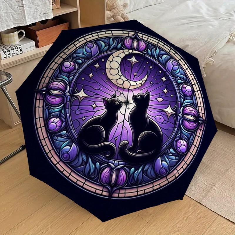 1pc Stained Glass Cats Moon Night Umbrella with Plastic Handle,Suitable for All Seasons Home Travel Outdoor UmbrellaDD063