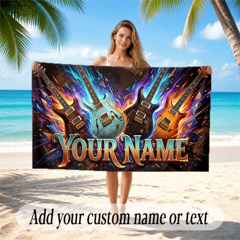 Music Guitar Theme Beach Towel Personalized Custom Name & Text Soft Quick Dry Beach Towel for Swimming Travel