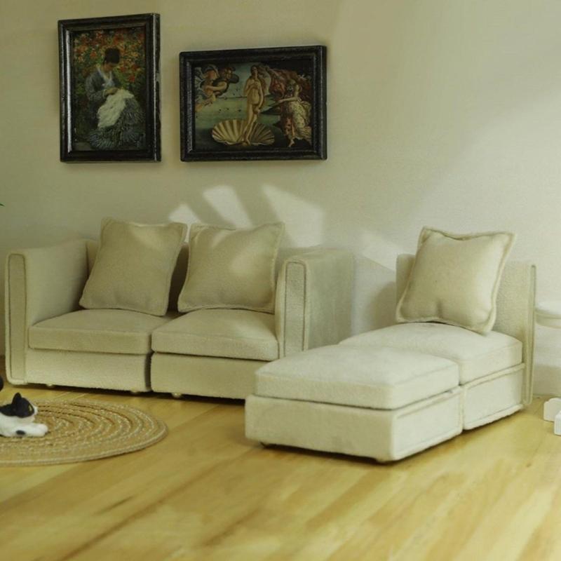 Simple Couch Mini Sofa Set Soft Fabric Dollhouses Furniture 1/12 Scale Compatible with Model Displays
