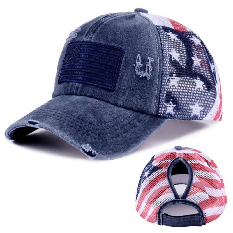 Distressed Wash Cotton Baseball Hat with Star Print Curved Brims Mesh Ponytail Sun Hat for Patriotic Women Teens Girl