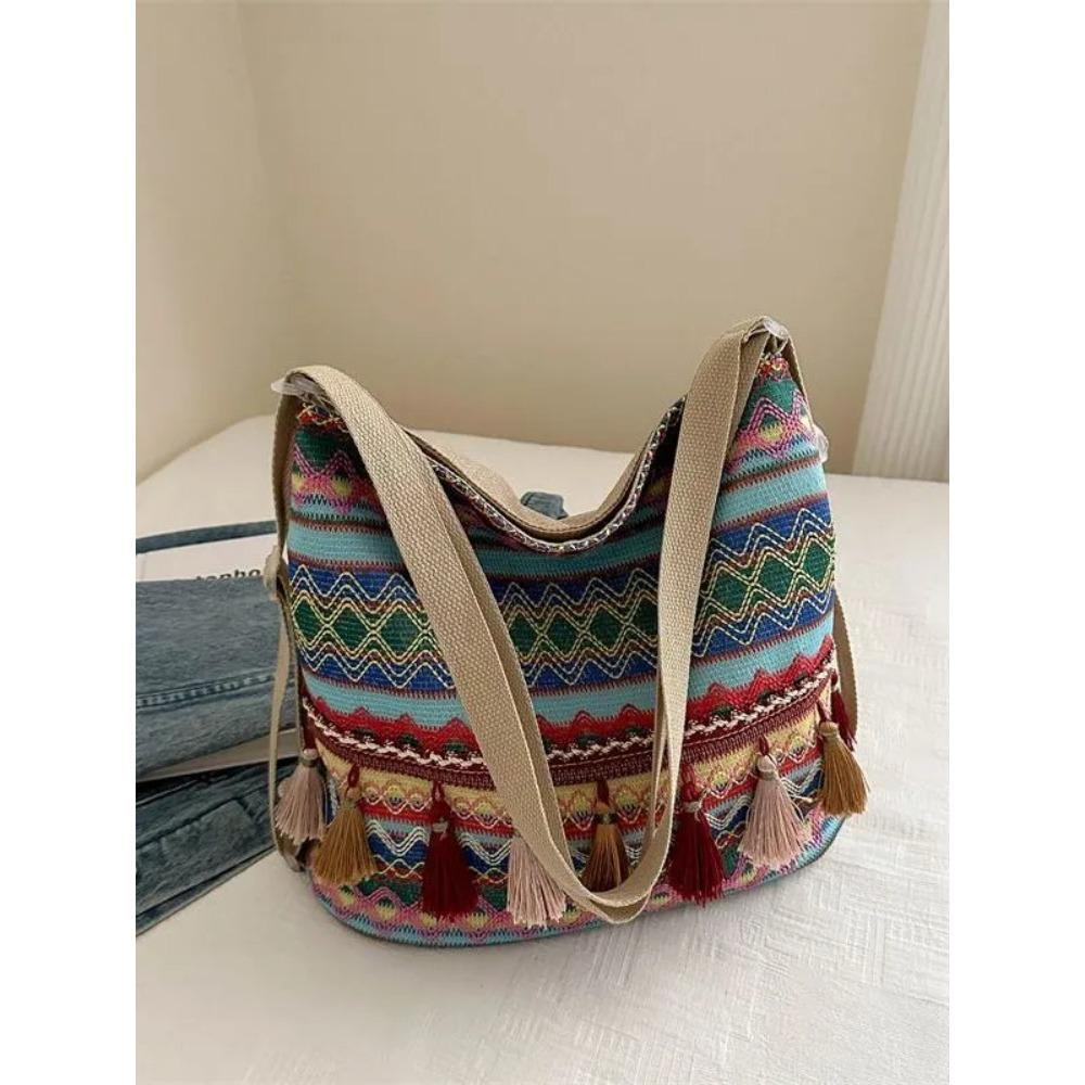 Vintage Damentasche mit Quaste, ethnisch, handgewebt, Umhängetasche für Damen, Hippie-Sling-Schultertaschen für Damenhandtasche