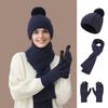 3Pcs/Set Winter Hat Scarf Gloves Set Solid Color Windproof Plush Ball Hat Neck Warmer Touch Screen Gloves Set