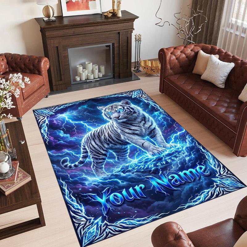 Lion Tiger Theme Crystal Velvet Rug Personalized Custom Name Text Soft Floor Mat Home Decor
