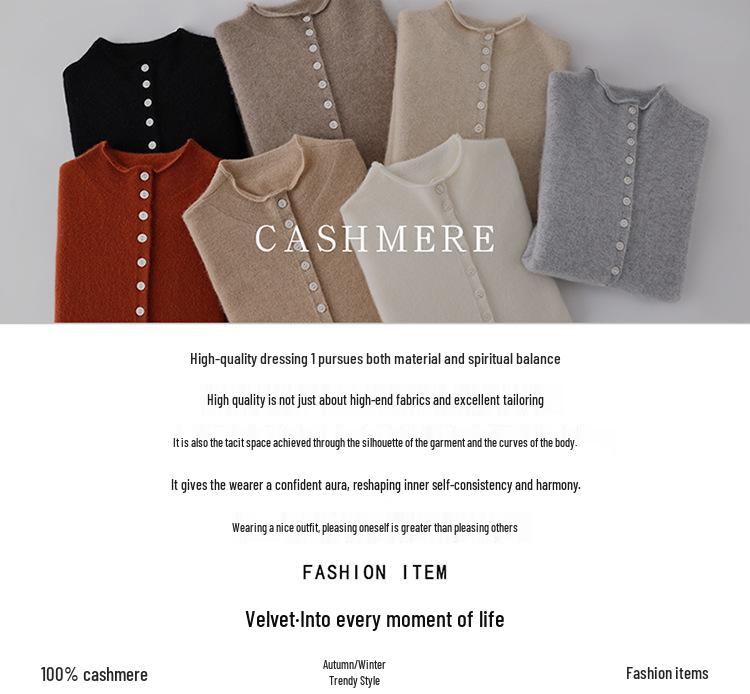 Women's Autumn/Winter 2026 Pure Cashmere Single-Breasted Cardigan - Half-High Neck, Rolled Edge, Gentle Style Base Layer