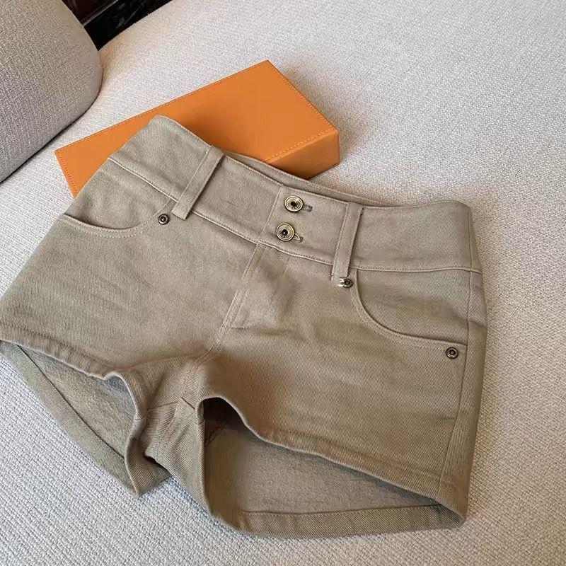

Khaki Low-Rise Slimming Denim Summer Shorts - Straight Leg, Casual, Elastic Fit for Women XS