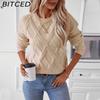 BITCED Autumn/Winter Diamond-Patterned Pullover Sweater for Women Loose-Fit O-Neck Knitted Top