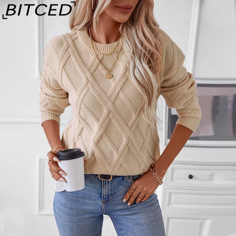 BITCED Autumn/Winter Diamond-Patterned Pullover Sweater for Women Loose-Fit O-Neck Knitted Top