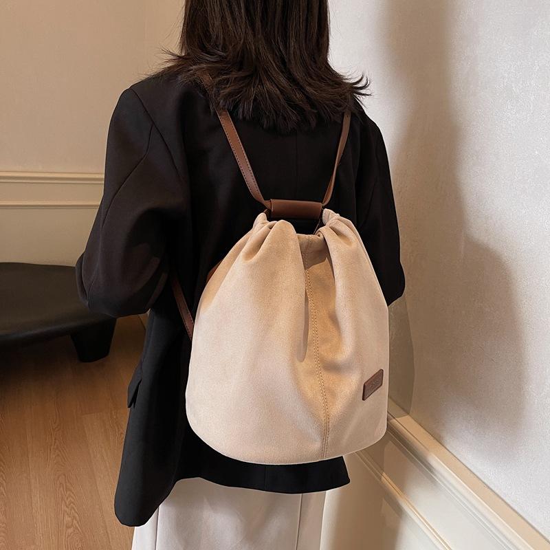 New Backpack Backpack Women's Casual Splicing Design Suede Bucket Bag Versatile Simple Shoulder Plush Bag