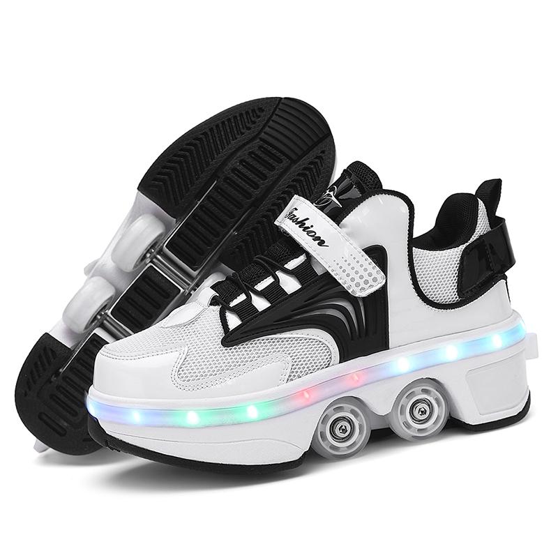 Kids Glowing Sneakers Kids Roller Skates for 6-15 Years Old Four-wheel Deformation Can Walk Can Skate Skates Mens Roller Sneakers