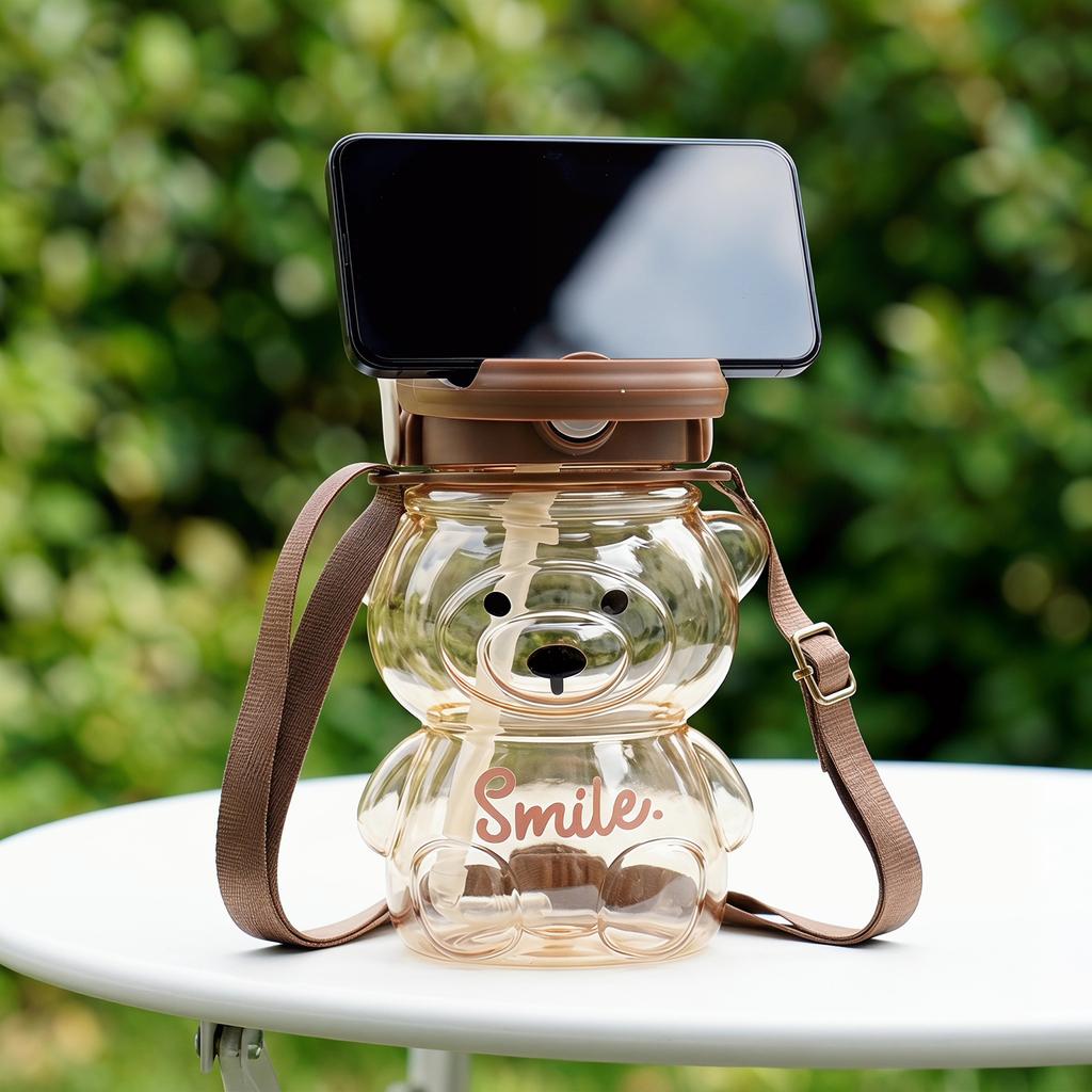 Cute Bear Straw Cup Leak-proof Large Capacity with Adjustable Shoulder Strap for Daily Office Work Outdoors Leisure Occasions