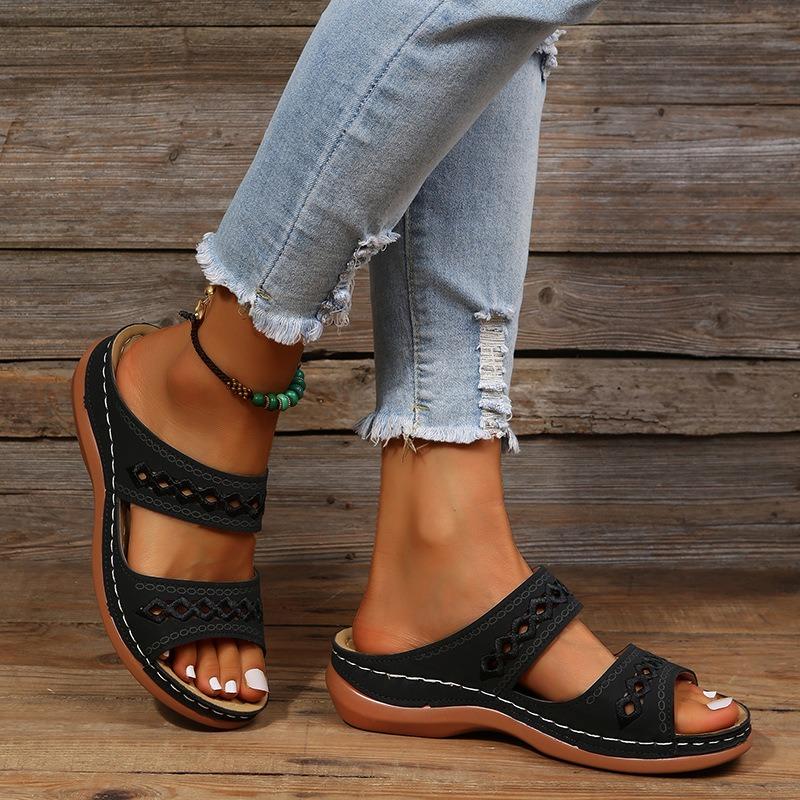 Spring and summer new season large size hollow slope heel cool slippers women wish hollow outside wear non-slip retro