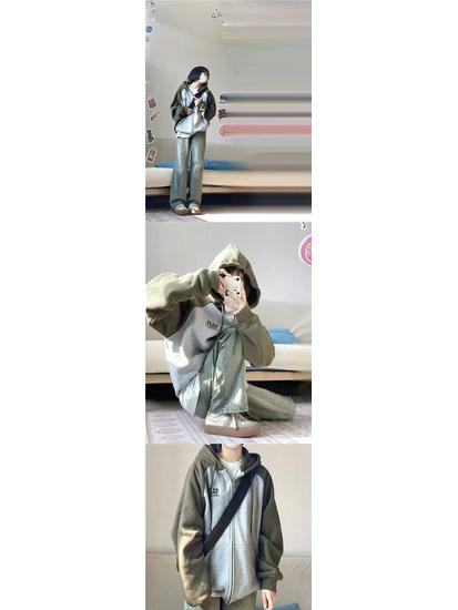 Women's Oversized Retro Color Block Patchwork Hooded Sweatshirt Jacket for Autumn