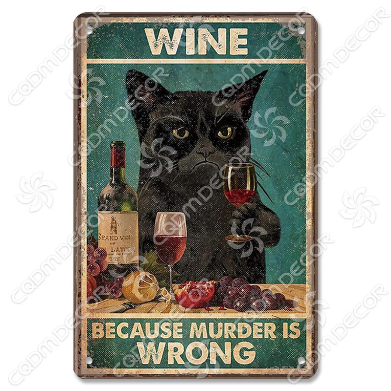 Black Cat Tin Sign Metal Plaque Read Books Drink Wine Pet Metal Poster Vintage Wall Decor for Coffee Shop Kitchen Bathroom Home