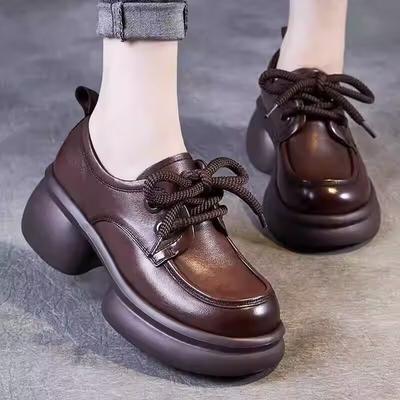 British Style Platform Muffin Heel Small Leather Shoes Women's Autumn 2025 New Lace-up Loafers Versatile Casual Shoes