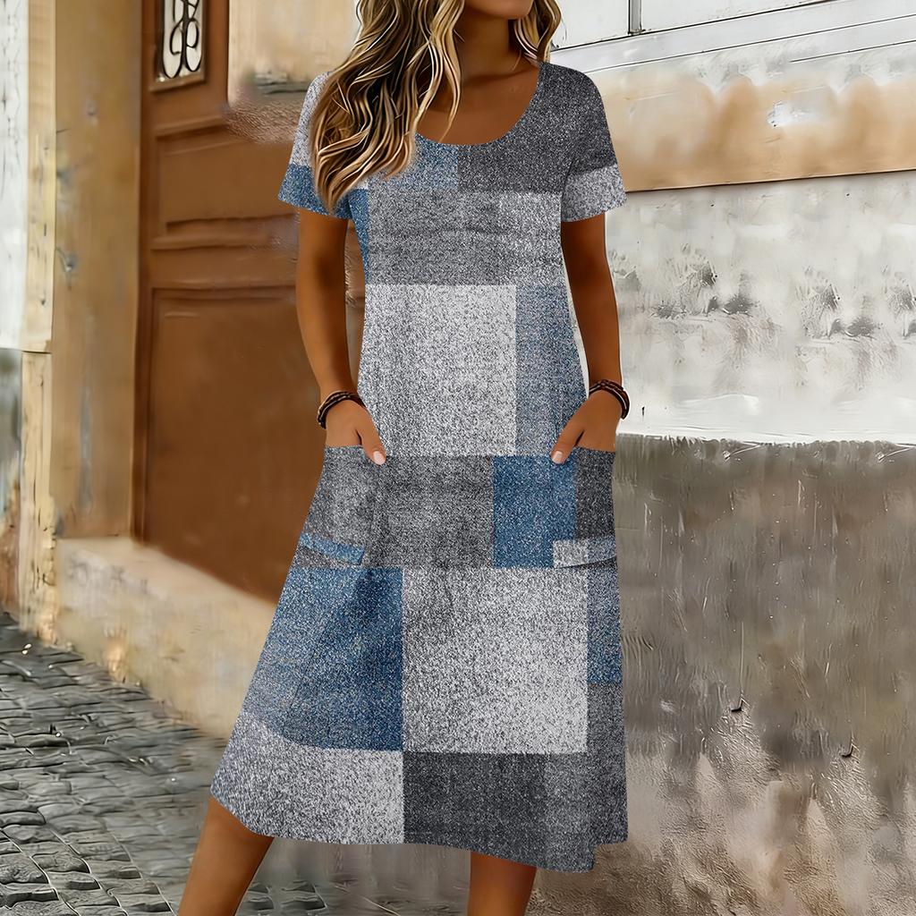 Damen Kurzarm Print Midi Kleid Rundhalsausschnitt Lockerer Schnitt Sommer Freizeitkleid mit Taschen für den täglichen Gebrauch