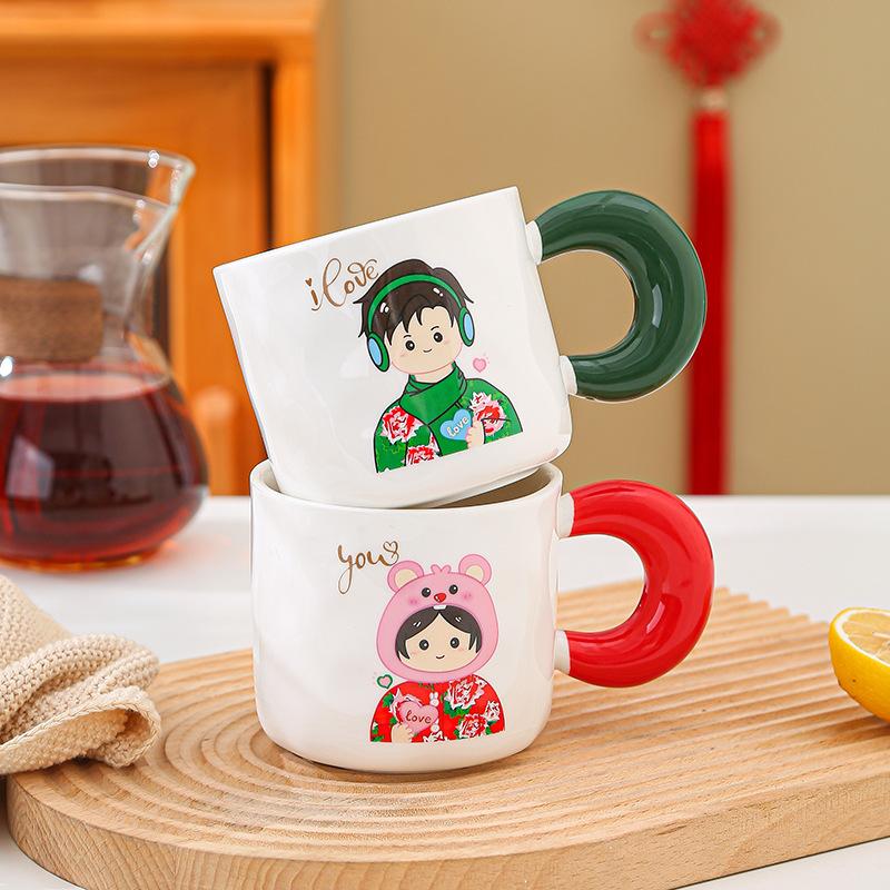 Northeast Big Flower Retro Mug Big Handle Couple Cup Practical Ceramic Water Cup Gift Box