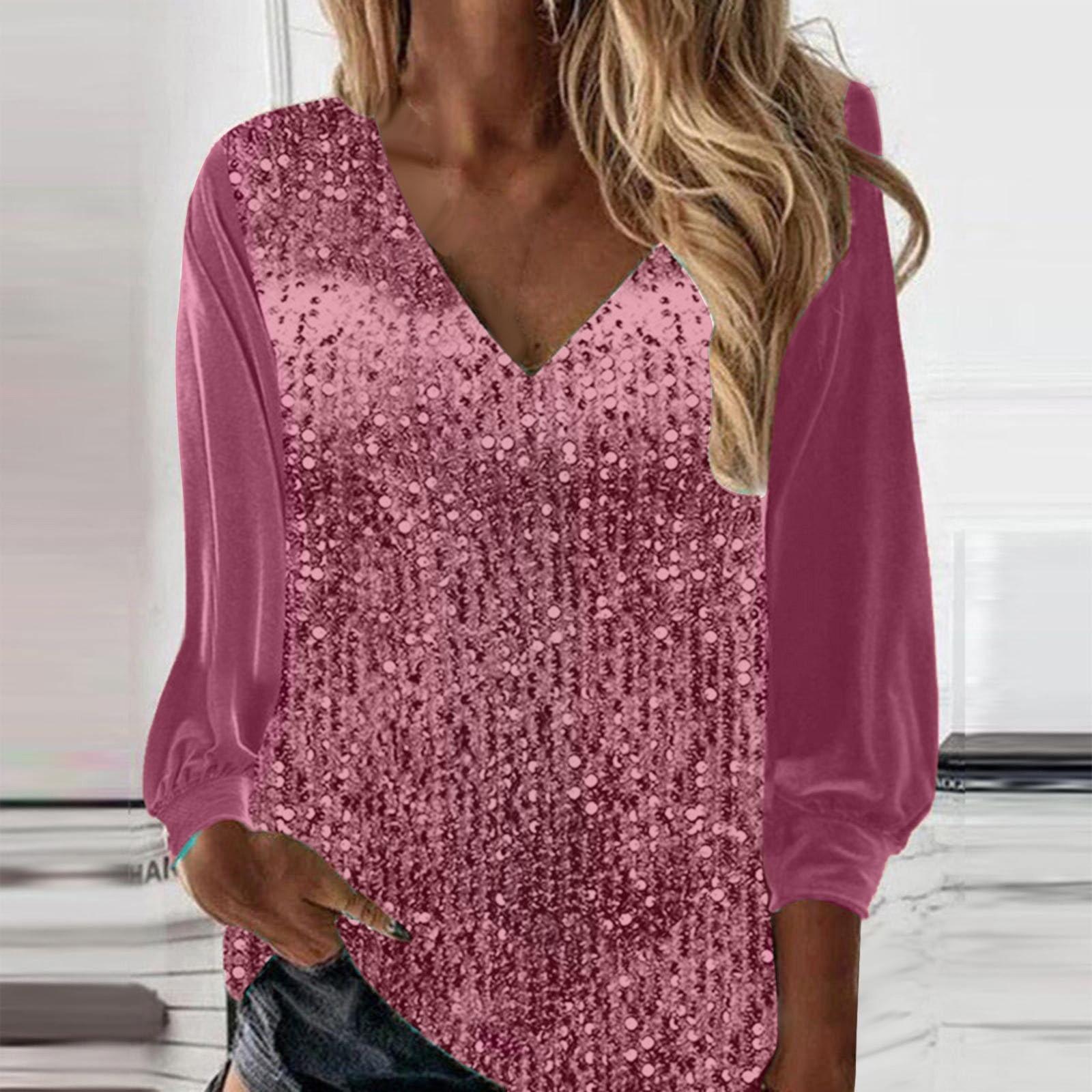 

Женские топы с пайетками, блестящие блузки с v-образным вырезом, свободные блестящие нарядные рубашки с длинными рукавами для праздничной вечеринки M розовый