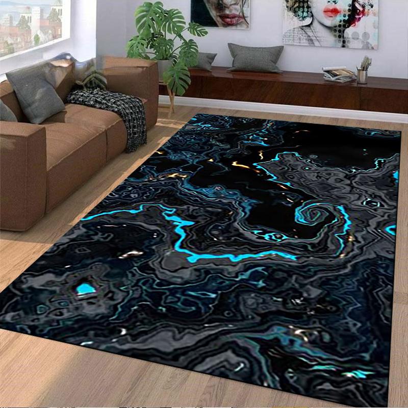 Modern Abstract Marble Pattern Carpet with Black and Blue Swirls Suitable for Use As an Anti-slip for Living Room Bedroom Sofas