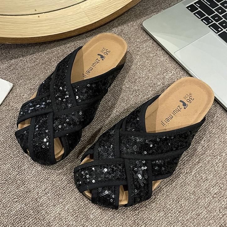 Fashion Bling Weave Mules Shoes Woman Casual Platform Slippers Women Flat Sandals Summer 2025 Trend Shallow Dress Comfort Slides Mujer