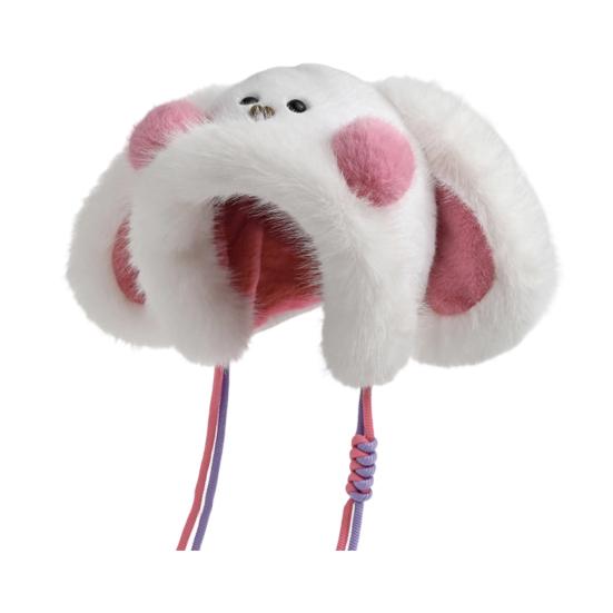 Winter Hat Rabbit Ear Decor Lace-up Elastic Warm Hat Winter Thickened Plush Windproof Lei Feng Hat Cold Weather Hat