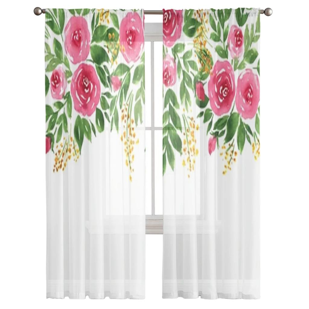 Watercolor Rose Flowers Sheer Curtains Bedroom Voile Curtain Living Room Window Sheer Curtains Kitchen Tulle Drapes